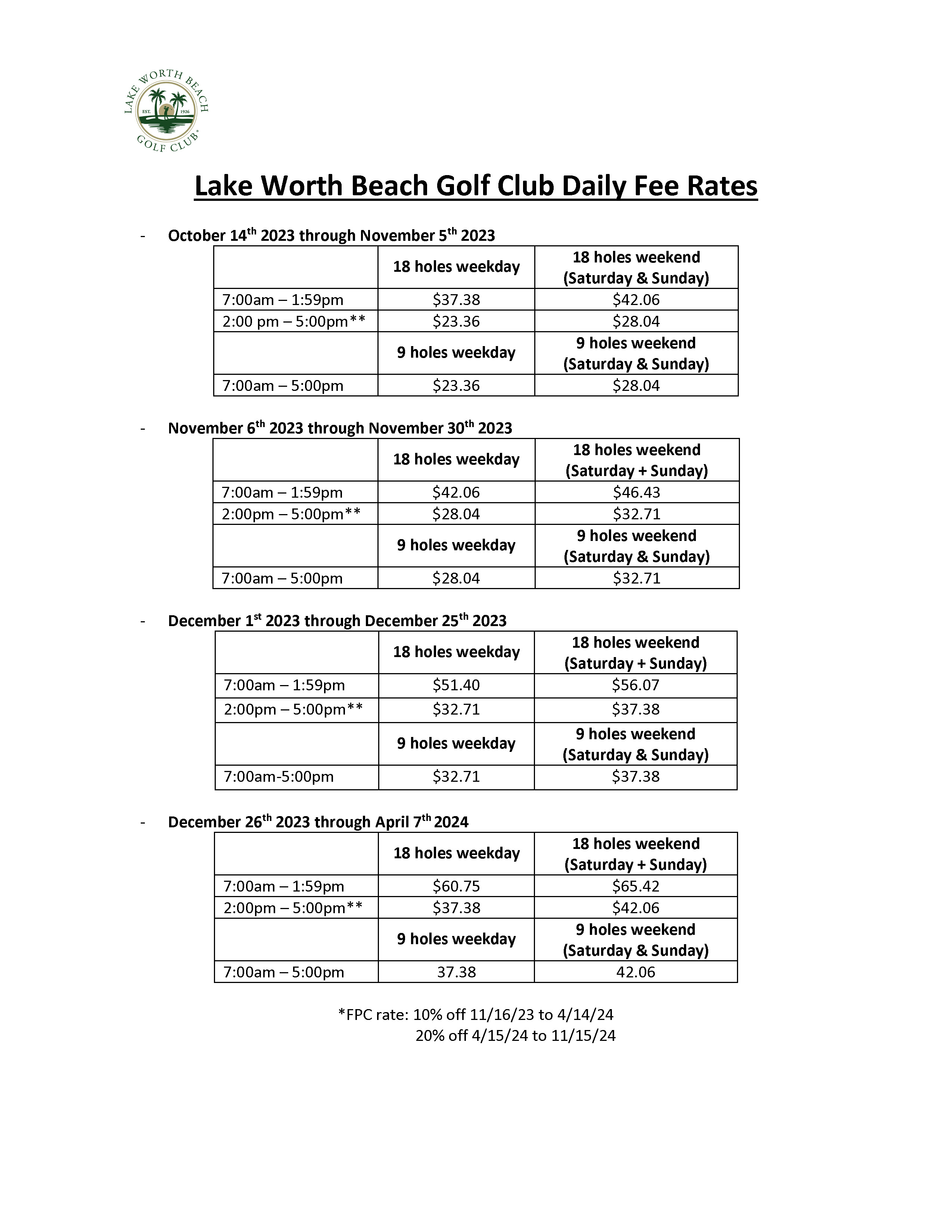 Rates Lake Worth Beach Golf Club